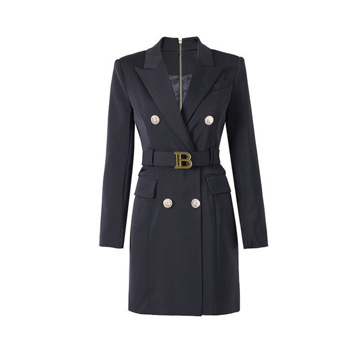 Schwarzer Damenblazer mit Gürtel, doppelreihig, elegantes Design, Businessmode.