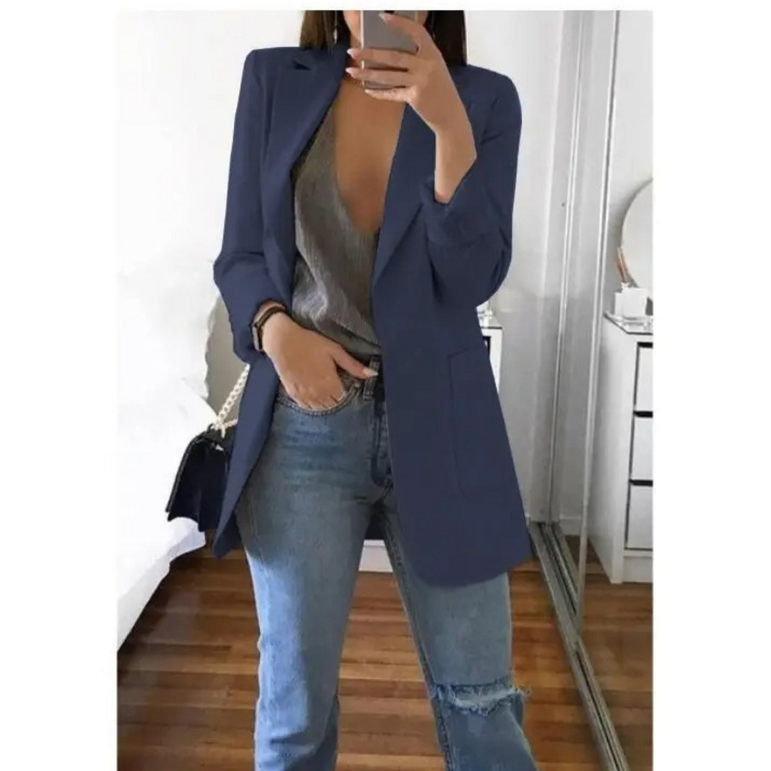 Damenblazer lang blau, eleganter Schnitt, ideal für Business und Freizeit, modisch und vielseitig.
