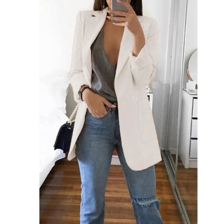 Damenblazer lang beige, eleganter Stil, ideal für Büro, Freizeitmode, modisch und vielseitig.