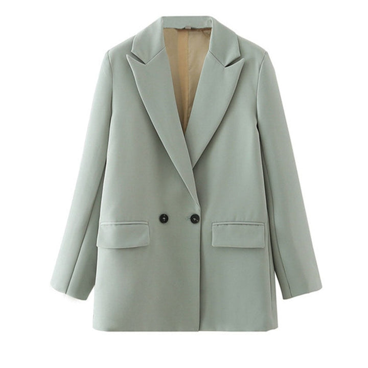 Hellgrüner Damenblazer, zweireihig, elegantes Design, Büro-Mode, Herbstkollektion.