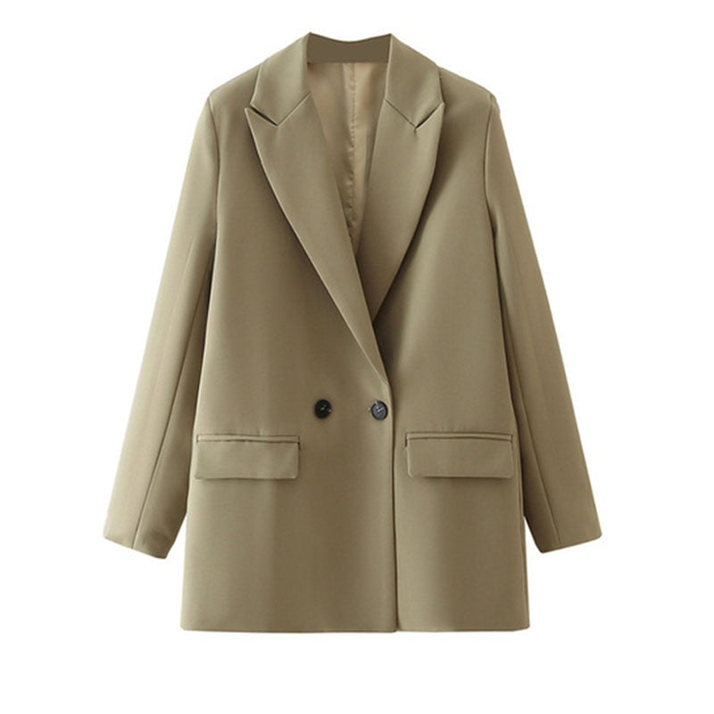 Beiger Damenblazer, zweireihig, elegant, Büro-Outfit, modisch, Herbstmode, Damenbekleidung.