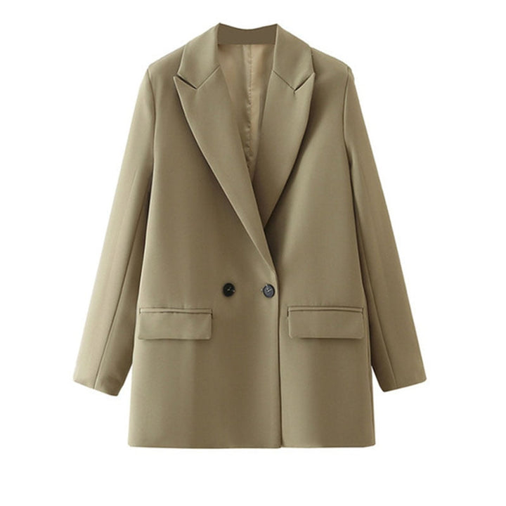 Beiger Damenblazer, zweireihig, elegant, Büro-Outfit, modisch, Herbstmode, Damenbekleidung.