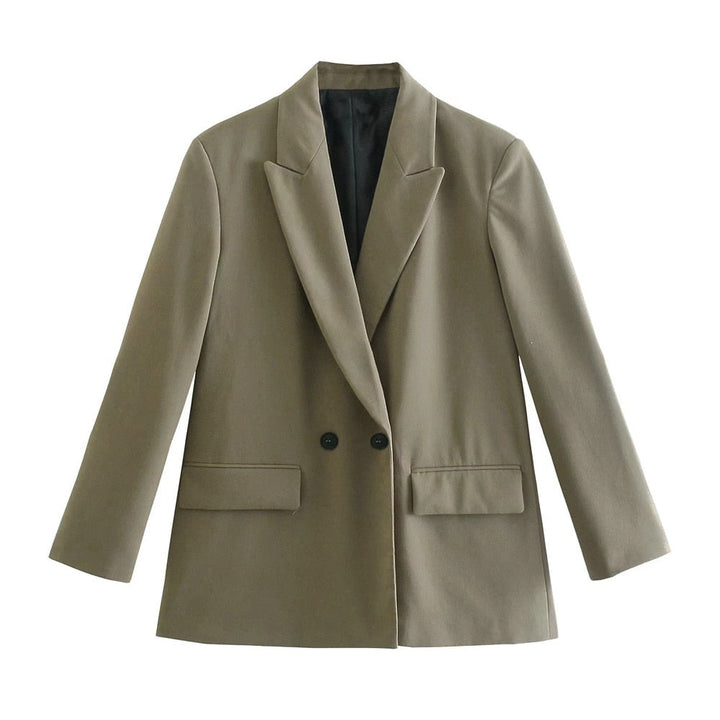 Damen Blazer beige, zweireihig, elegant, Büro, Mode, klassisch, Herbst, Winter, stilvoll.