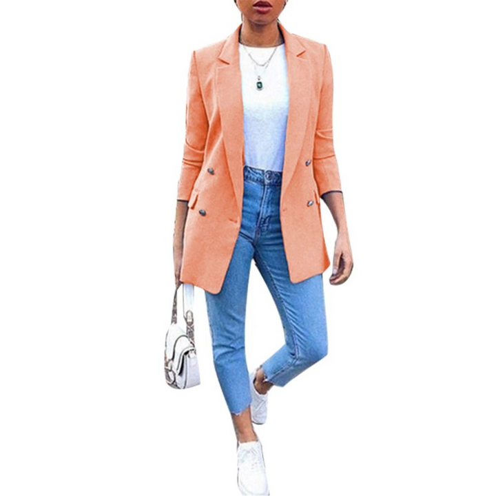 Damenblazer orange, mittellang, elegant, modisch, Freizeit, Büro, Frühling, Sommermode.