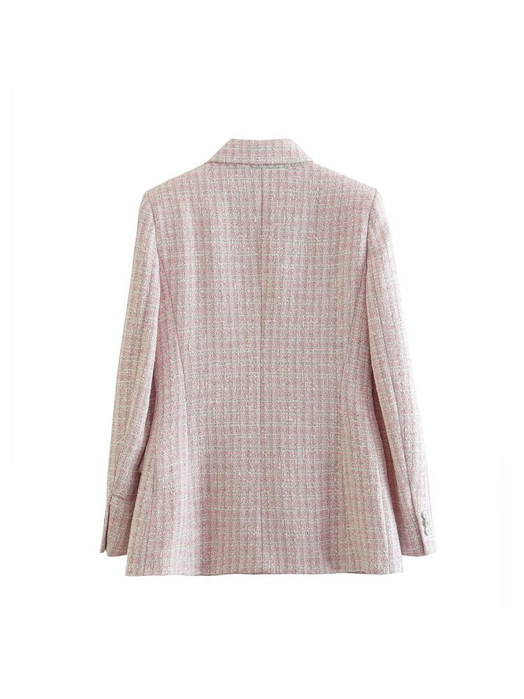 Rosa Damenblazer aus Tweed, eleganter Schnitt, modisches Design, ideal für Business-Outfits.