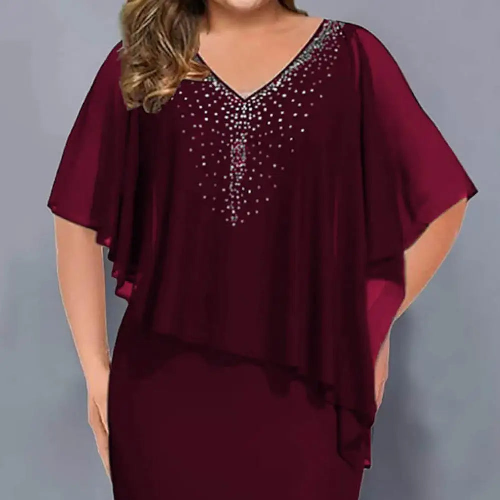 Damenkleid, weinrot, V-Ausschnitt, Pailletten, festlich, Chiffon, Übergröße.