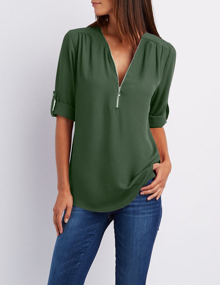 Grüne Damenbluse mit Reißverschluss, 3/4-Ärmel, lässig, elegant, V-Ausschnitt, Baumwolle.