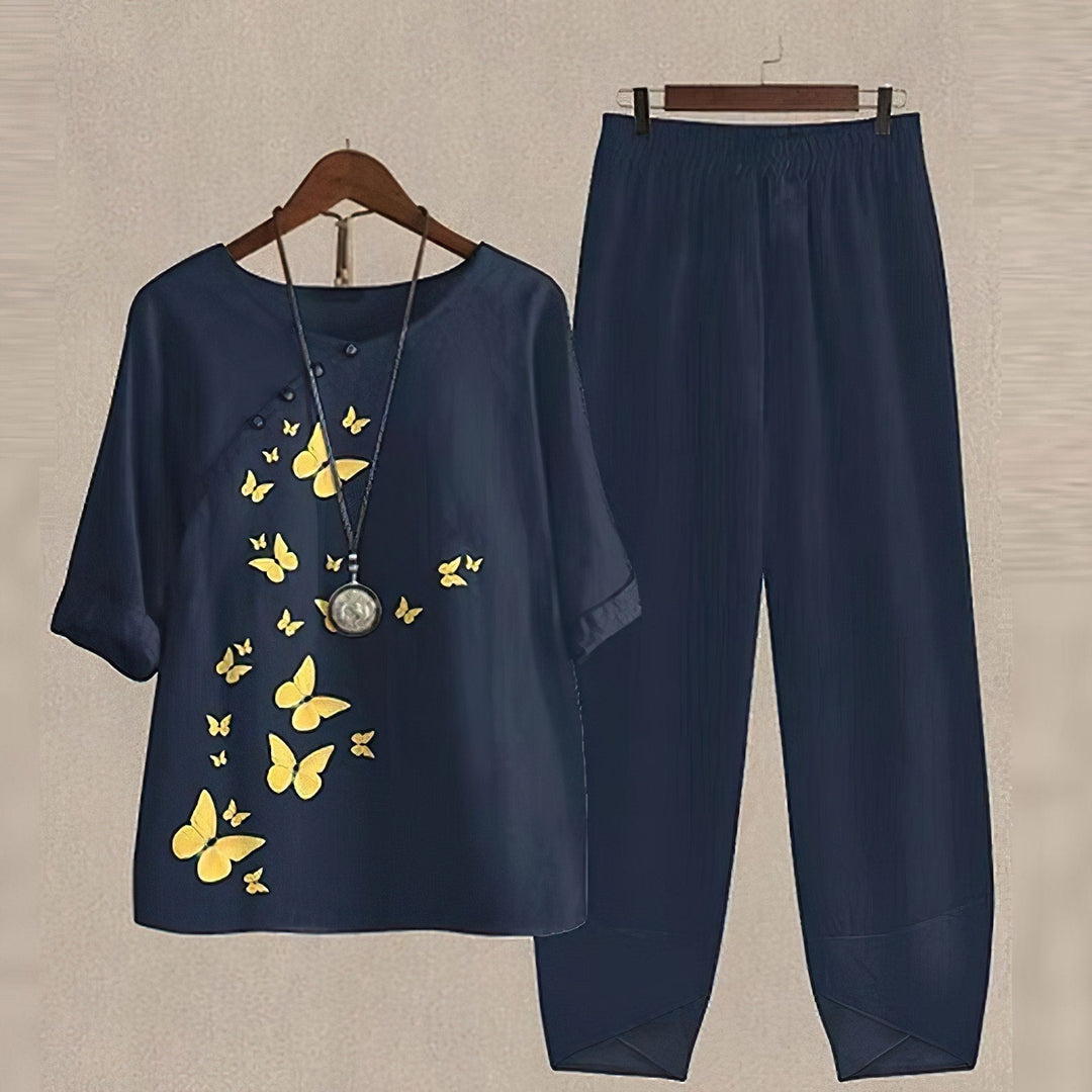 Damen Pyjama-Set, dunkelblau, Schmetterlingsmuster, Baumwolle, bequem, Nachtwäsche.