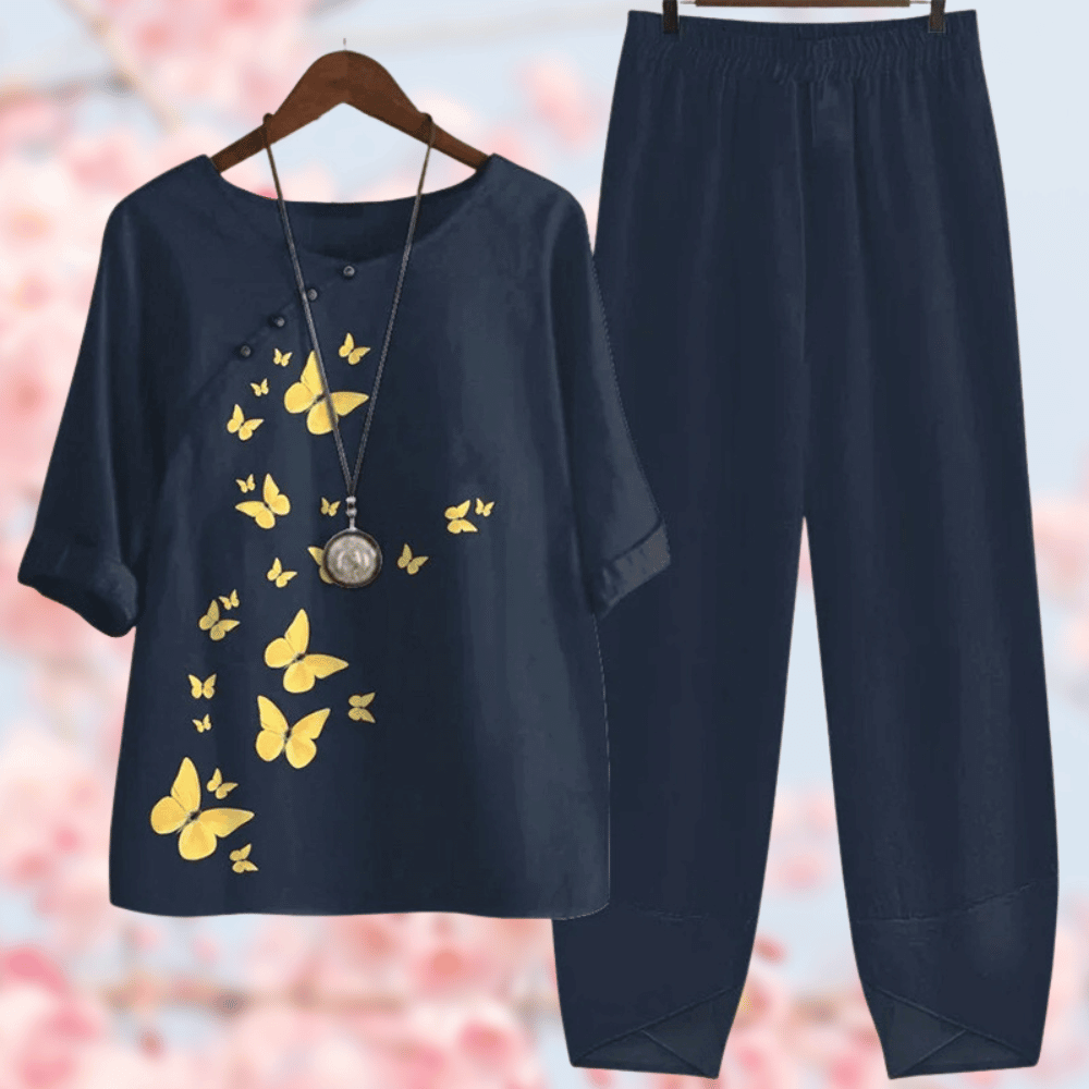 Damen Pyjama-Set, dunkelblau, Schmetterlingsmuster, Baumwolle, bequem, Freizeitkleidung.