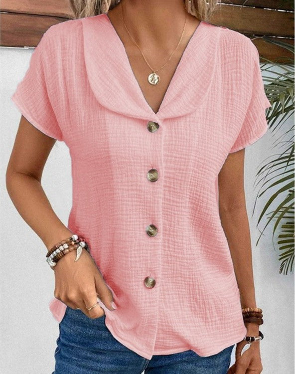Damen Bluse rosa, Knopfleiste, Kurzarm, lässig, Baumwolle, Sommermode, Freizeitkleidung.