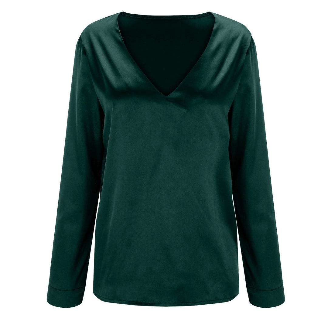 Dunkelgrüne Damenbluse, V-Ausschnitt, Langarm, Satin, elegant, modisch, Freizeitkleidung.