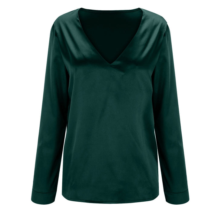 Dunkelgrüne Damenbluse, V-Ausschnitt, Langarm, Satin, elegant, modisch, Freizeitkleidung.