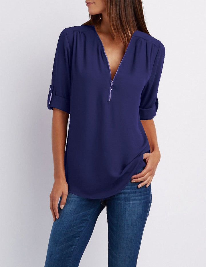Damenbluse dunkelblau, V-Ausschnitt, 3/4-Ärmel, lässig, elegant, Freizeitmode.