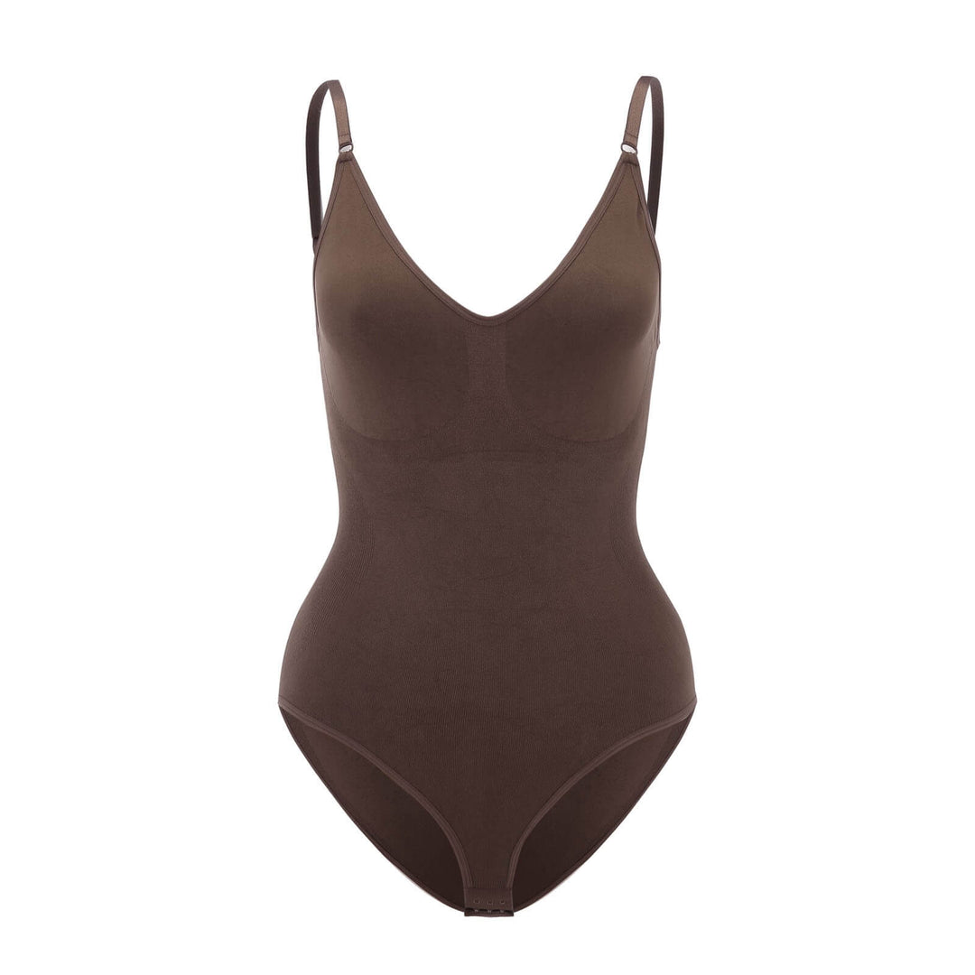 Brauner Shapewear-Body für Damen, nahtlos, figurformend, verstellbare Träger.