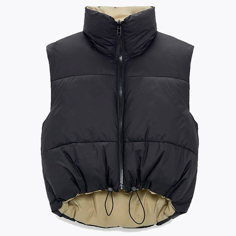 Damen Bodywarmer, schwarz, wattiert, Reißverschluss, Kordelzug, zweifarbig, Cara Camilla.