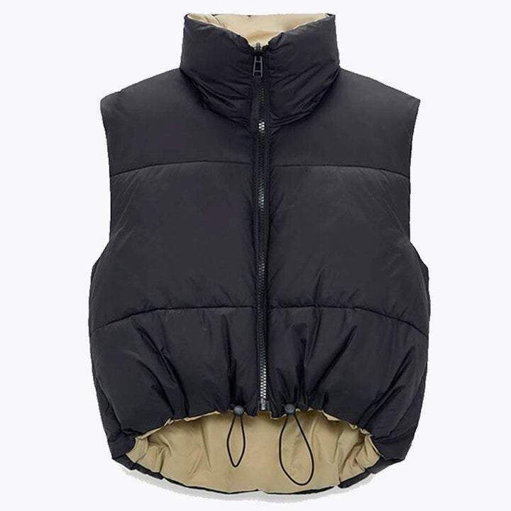 Damen Bodywarmer, schwarz, wattiert, Reißverschluss, Kordelzug, zweifarbig, Cara Camilla.