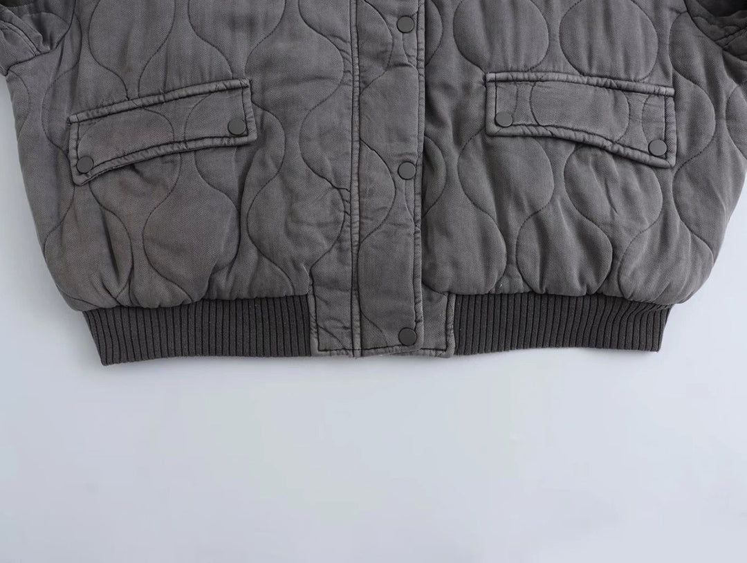 Graue Damen-Bomberjacke, gesteppt, langärmelig, lässig, modisch, 2023.