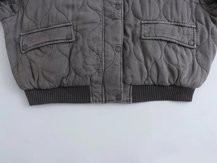 Graue Damen-Bomberjacke, gesteppt, langärmelig, lässig, modisch, 2023.