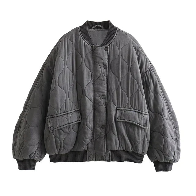 Graue Damen-Bomberjacke, langärmelig, gesteppt, lässig, modisch, 2023.