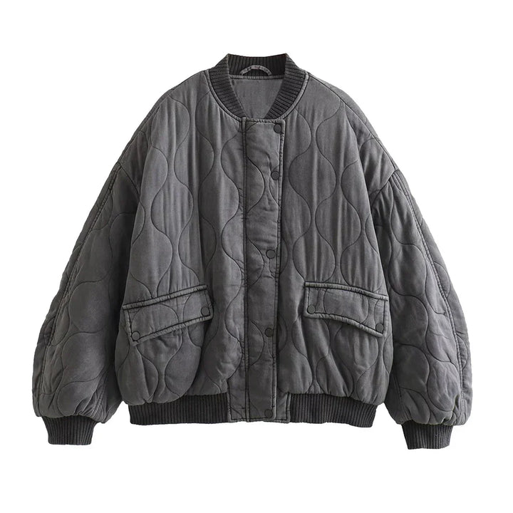 Graue Damen-Bomberjacke, langärmelig, gesteppt, lässig, 2023, modisch, Club-Party-Outfit.