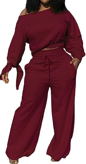 Damen Zweiteiler Set, bordeauxrot, schulterfrei, langärmlig, weite Hose, Freizeitmode.