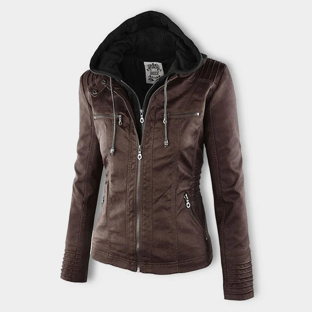 Braune Lederjacke mit Kapuze, Reißverschlüssen, Damenmode, stilvoll, lässig, Herbstbekleidung.