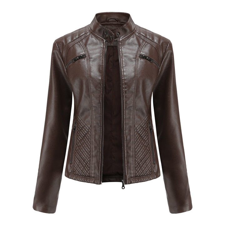 Braune Lederjacke für Damen, Reißverschlüsse, Stehkragen, modisch, elegant, Herbstmode.