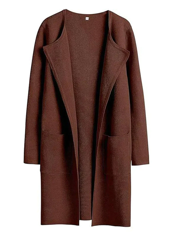 Brauner Damenmantel aus Wolle, offenes Design, lange Ärmel, zwei Taschen, Herbstmode.