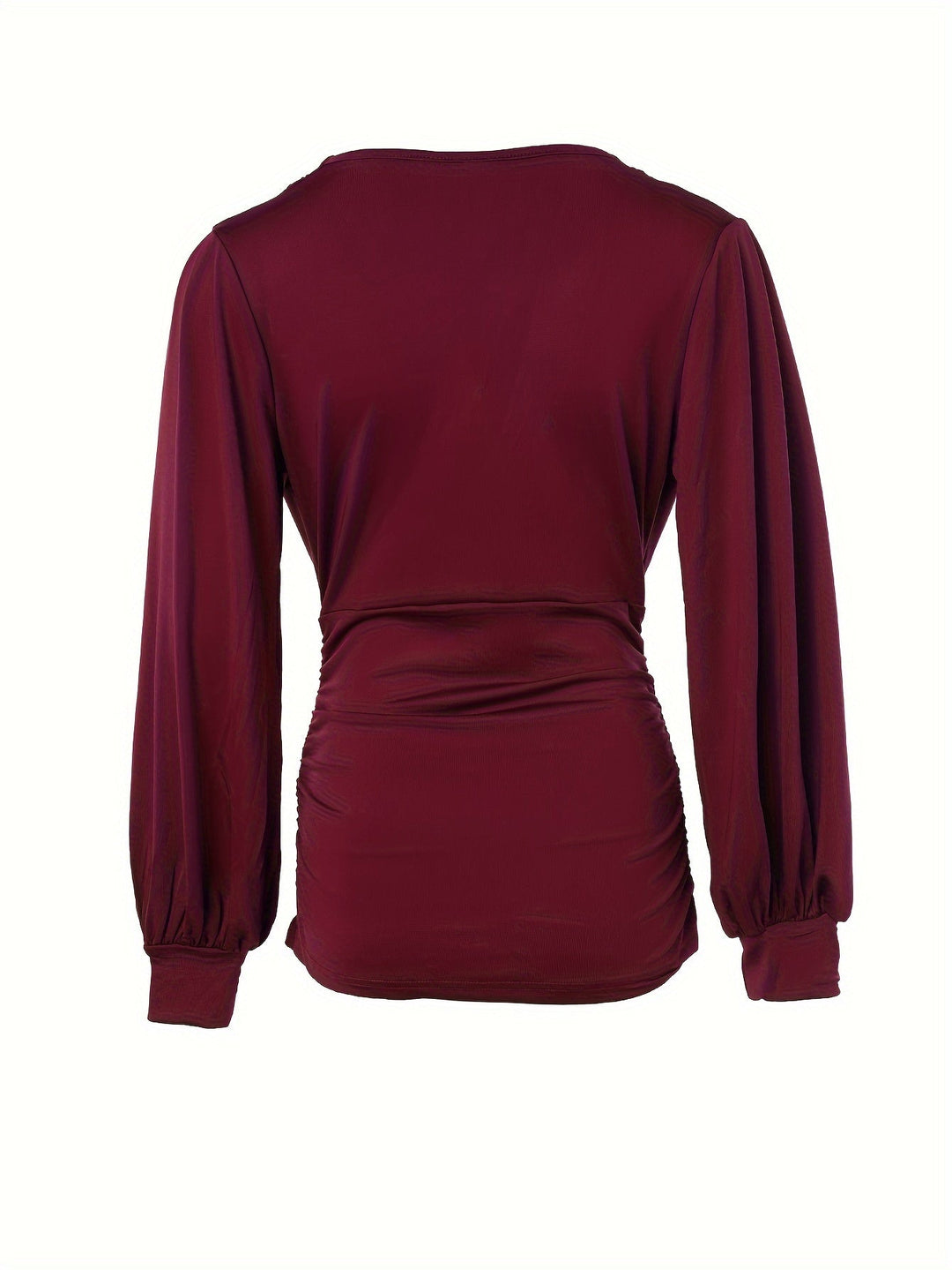 Bordeauxfarbene Damenbluse mit langen Ärmeln, elegantes Design, Rückansicht, Herbstmode.