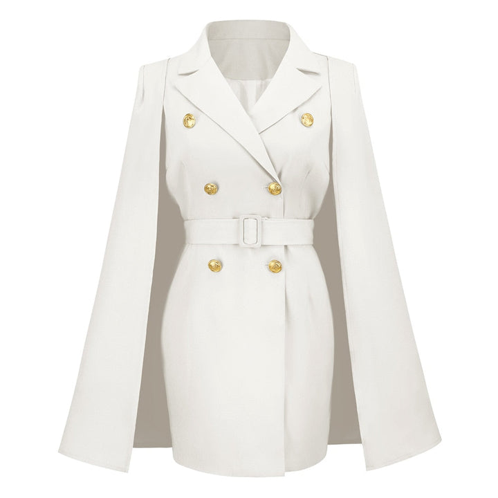 Weiße Damen-Cape-Blazerjacke mit goldenen Knöpfen, elegantes Design, modische Oberbekleidung.