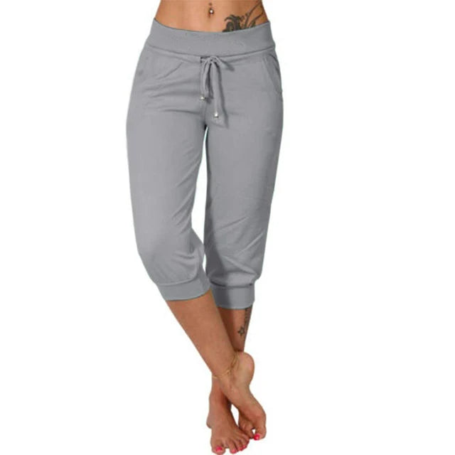 Graue Damen Capri-Yoga-Hose mit Kordelzug, Taschen, bequem, Freizeit, Sportbekleidung.