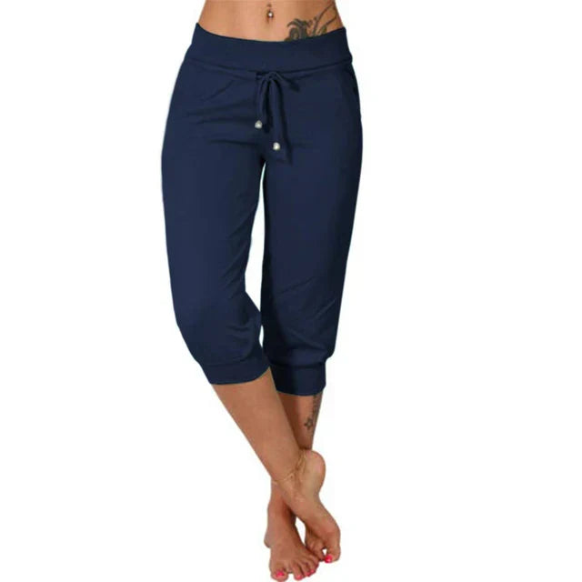 Damen Capri Yoga Hose, dunkelblau, mit Kordelzug, Taschen, bequem, Freizeit, Sportbekleidung.