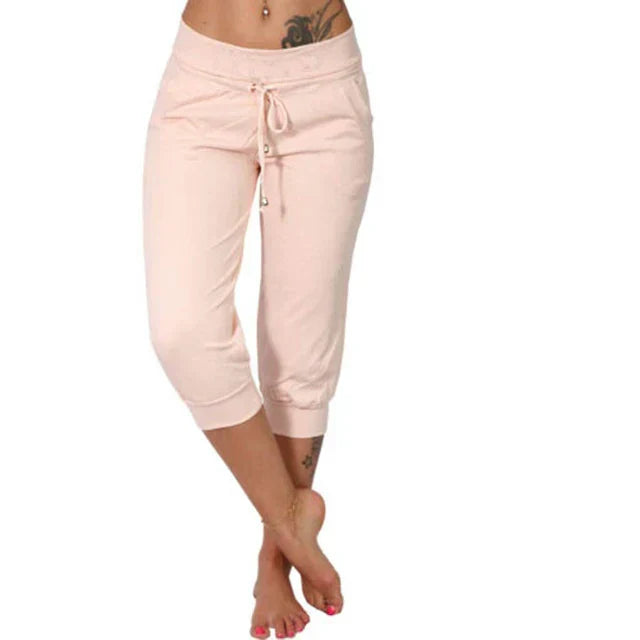 Damen Capri Yoga Hose, locker, Kordelzug, Taschen, Lounge, Jogger, beige, bequem, Freizeit.
