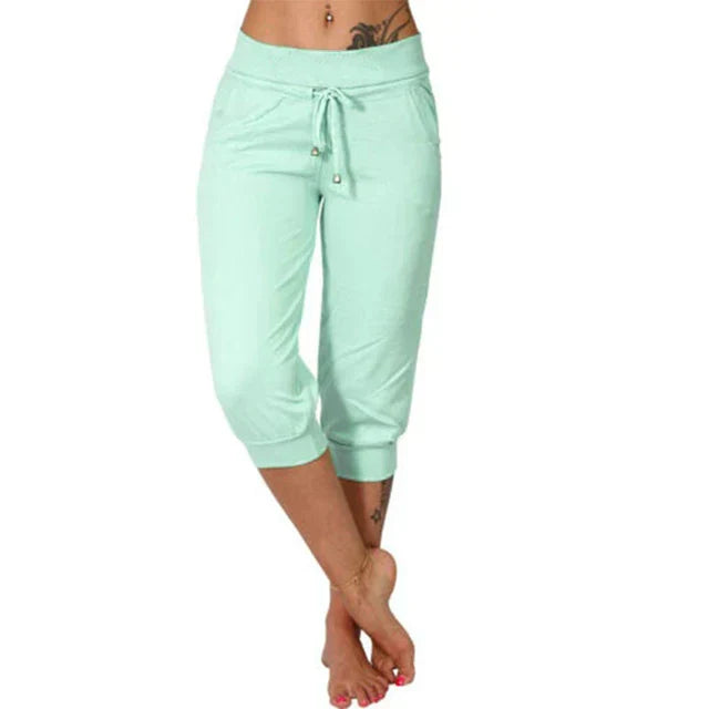 Damen Capri Yoga Hose, mintgrün, mit Taschen, Kordelzug, bequem, Freizeit, Baumwolle.
