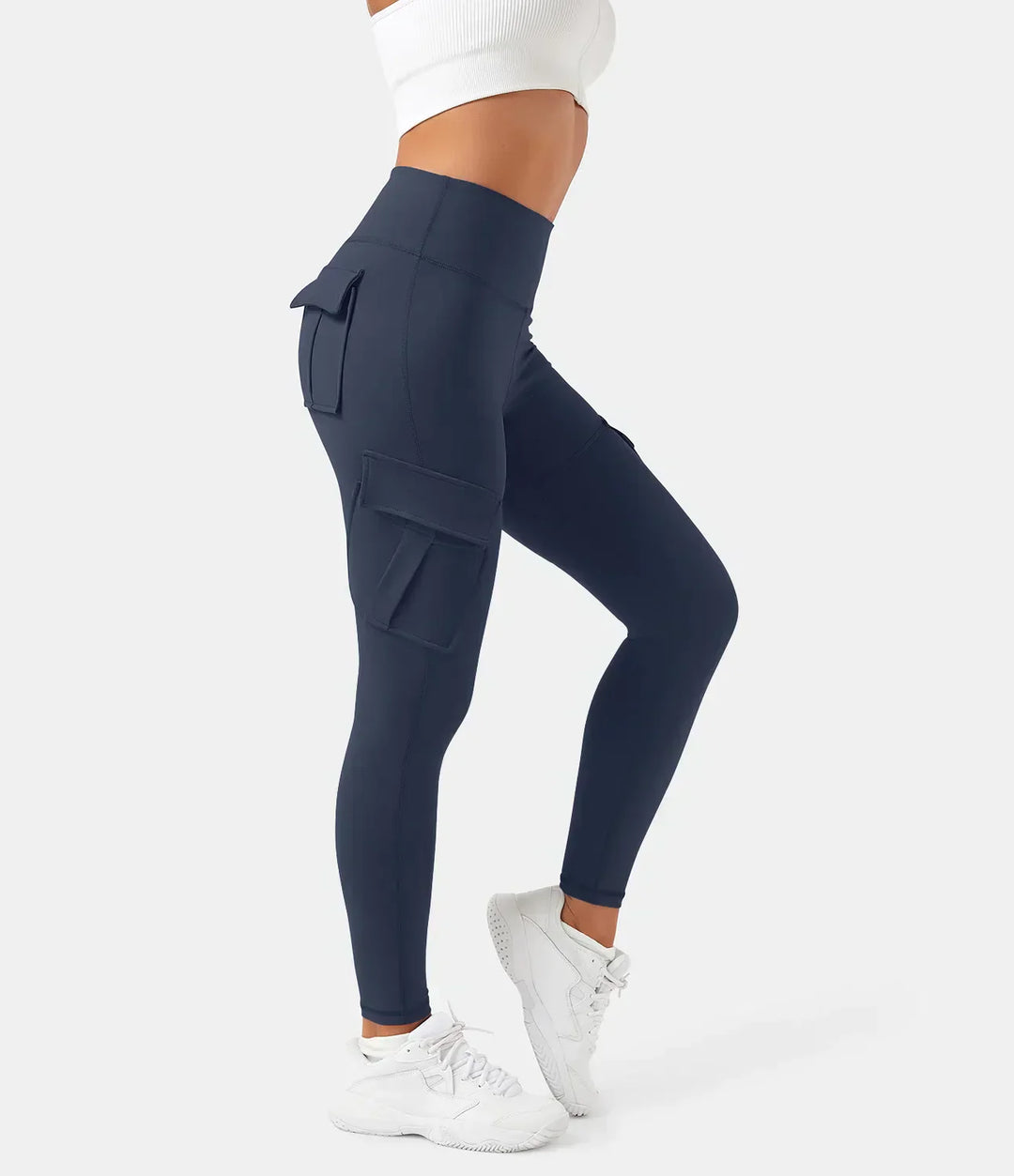 Damen Cargoleggings in Dunkelblau, hohe Taille, Seitentaschen, Sportbekleidung.