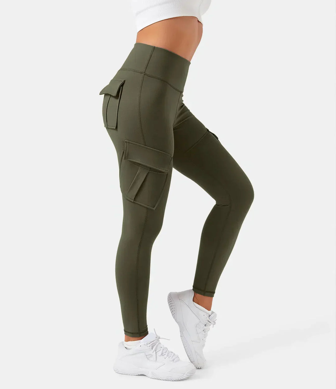 Damen Cargohose Leggings, olivgrün, hohe Taille, Seitentaschen, sportlich, bequem.