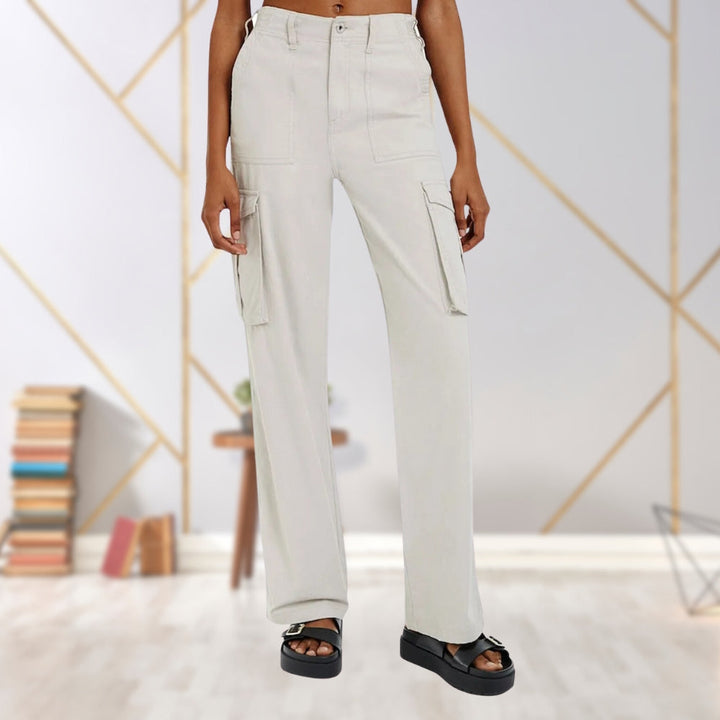 Damen Cargo-Hose beige, gerade Passform, Taschen, modisch, bequem, Freizeitkleidung.