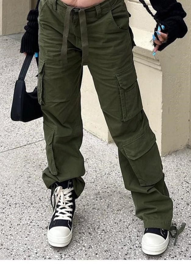 Grüne Cargo-Hose Damen, Baumwolle, Taschen, lässig, Streetwear, Mode, Outdoor, bequem