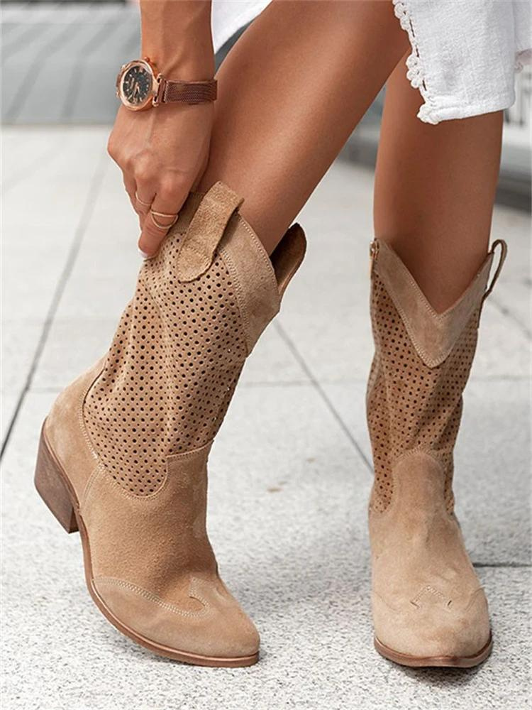Braune Wildleder-Cowboystiefel mit Lochmuster, Damenmode, atmungsaktiv, stilvoll.