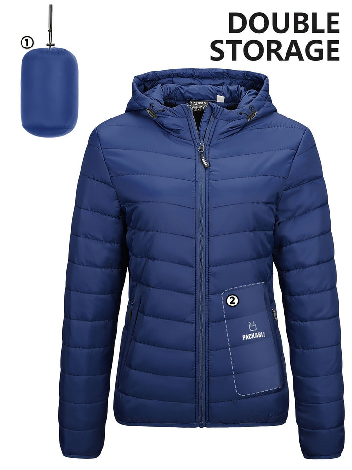 Blaue Damen-Daunenjacke mit Kapuze, leicht, packbar, doppelte Aufbewahrungstasche.