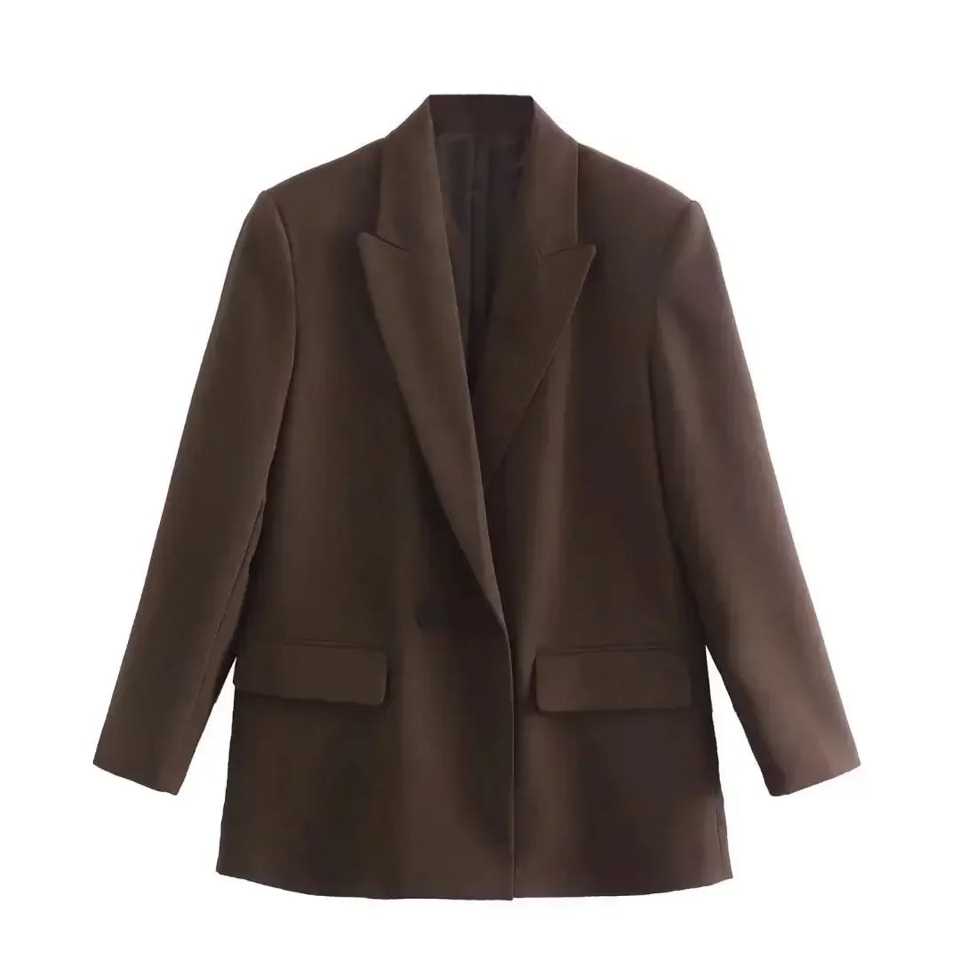 Brauner Damenblazer, zweireihig, klassisch, Büro, modisch, 2023, Damenjacke.