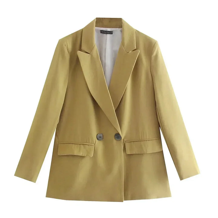 Damen Doppelreiher Blazer, gelb, klassisch, Büro, modisch, Anzugjacke, elegant, 2023.
