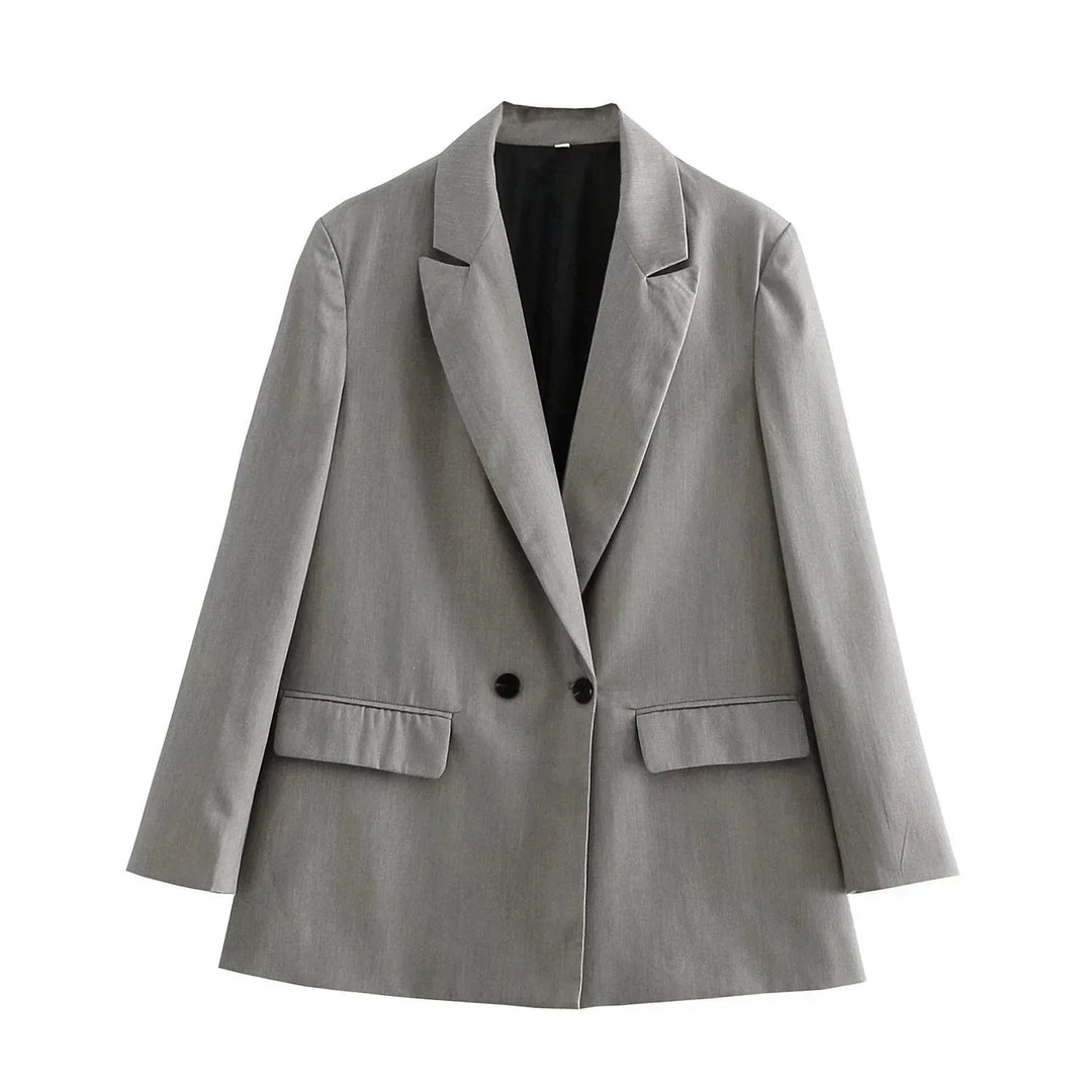 Grauer Damenblazer, zweireihig, klassisch, Büro, elegant, modisch, Anzugjacke, Herbstmode.