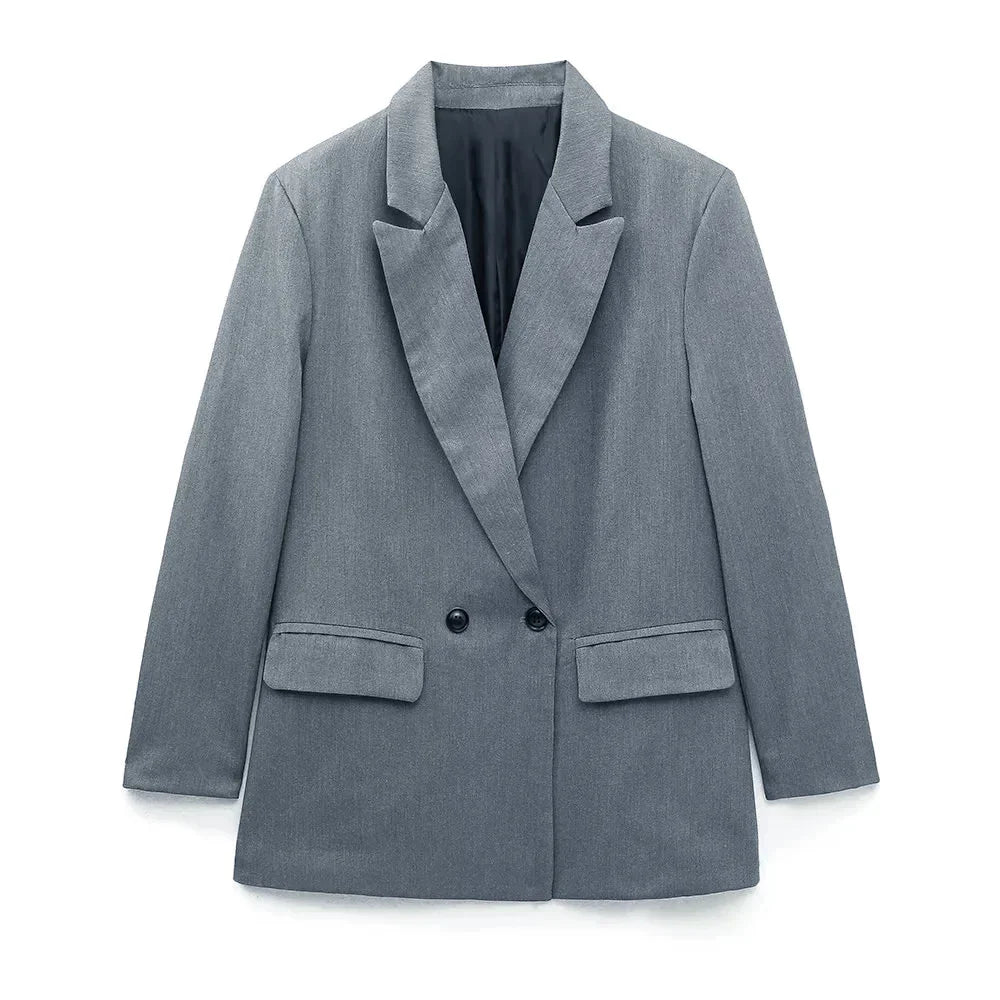 Grauer Damen-Doppelreiher-Blazer, klassisch, locker, Büro, Anzugjacke, elegant.