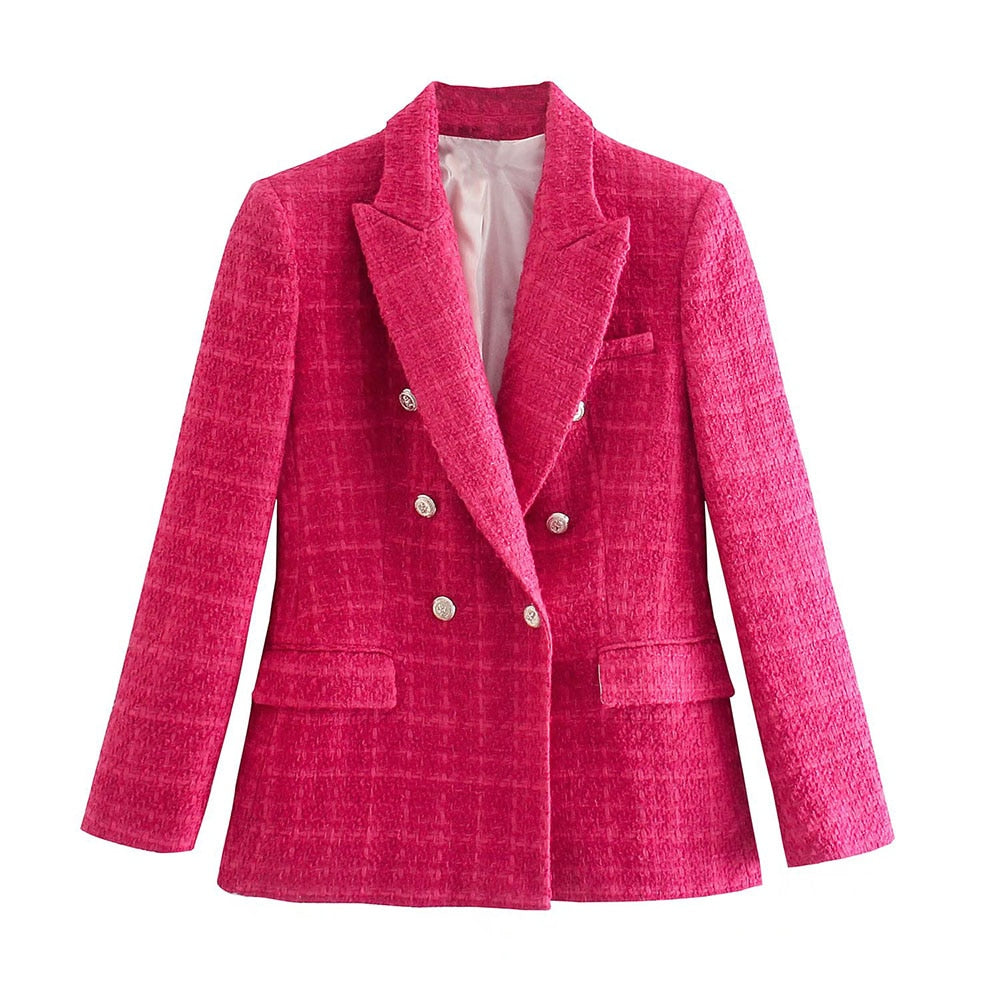 Damen Blazer pink, zweireihig, Tweed, modisch, elegant, Knöpfe, Herbstmode, Business-Look