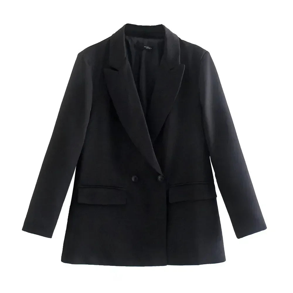 Schwarzer Damenblazer, zweireihig, klassisch, Büro, modisch, elegant, Anzugjacke.