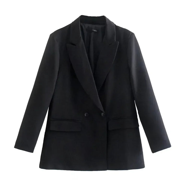 Schwarzer Damenblazer, zweireihig, klassisch, Büro, modisch, elegant, Anzugjacke.