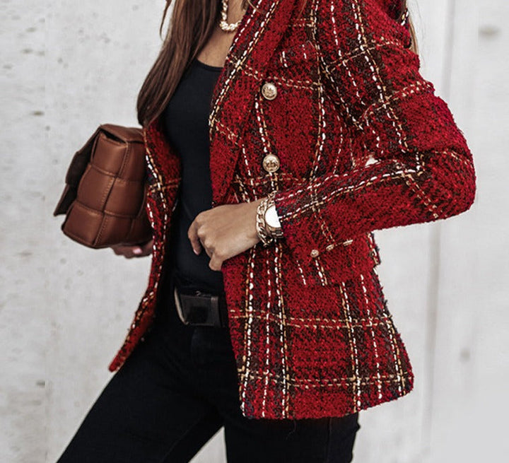 Damen Blazer rot kariert, zweireihig, langärmelig, elegant, Büro, Frühling Herbst Mode.