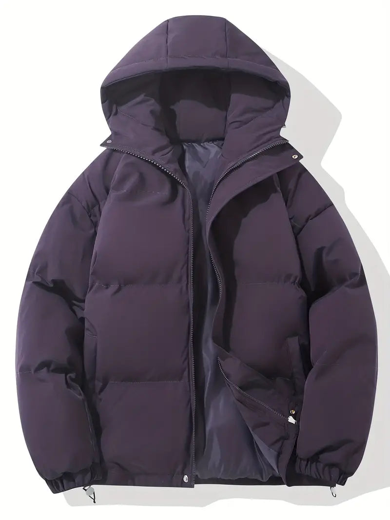 Dunkelblaue Daunenjacke mit Kapuze, Wintermantel, warm, modisch, Herrenbekleidung.