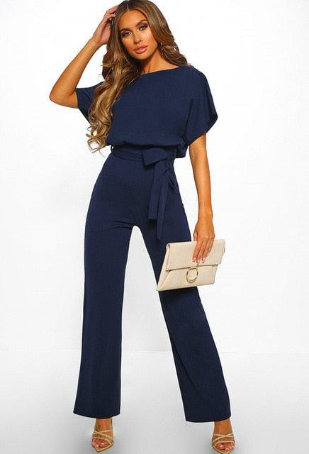 Damen Jumpsuit Blau, eleganter Einteiler, Gürtel, Kurzarm, Abendmode, modisch, stilvoll